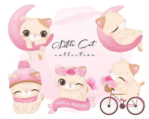 Cute Cat Collection Ilustração Aquarela — Vetor de Stock