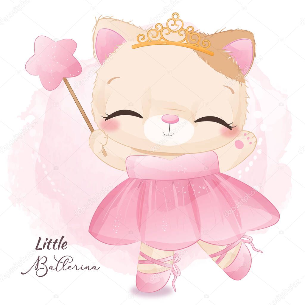 Adorable little cat ballerina in watercolor illustration