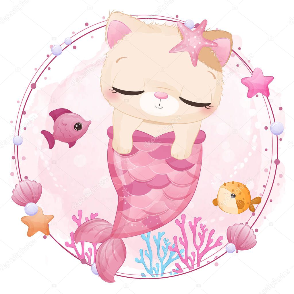 Cute little cat mermaid in watercolor illustration