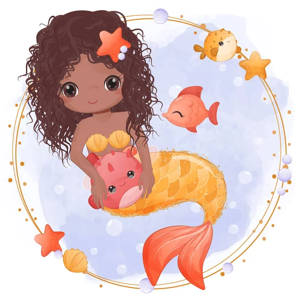 Cute Little Mermaid Watercolor Illustration — Stock Vector