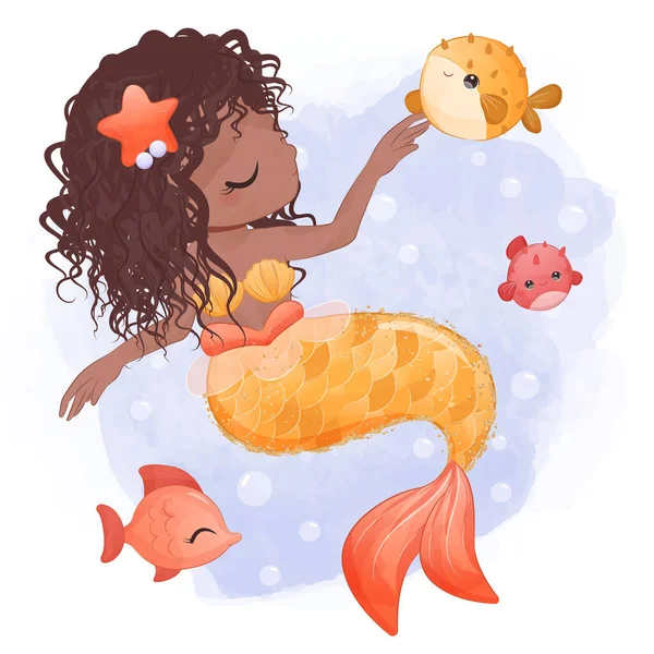 Cute Little Mermaid Watercolor Illustration — Stock Vector