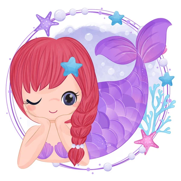 Cute Little Mermaid Watercolor Illustration — Stock Vector