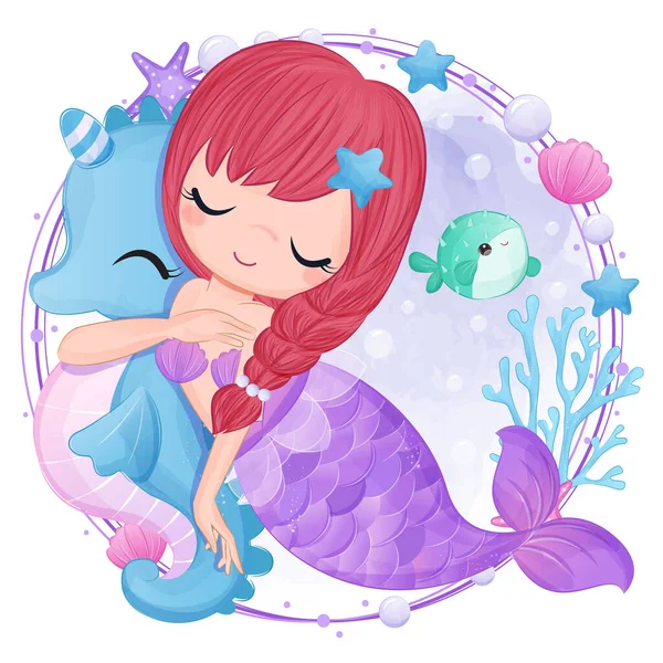 Roztomilá Malá Mořská Panna Akvarelu Ilustrace — Stockový vektor