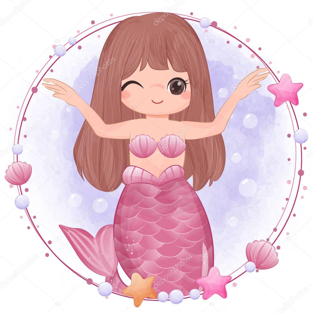 Cute little mermaid in watercolor illustration