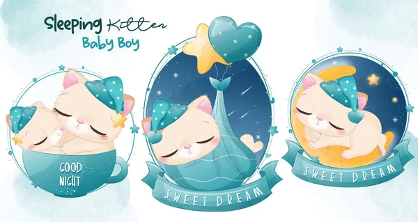 Cute sleeping kitten illustration for baby boy — Vettoriale Stock