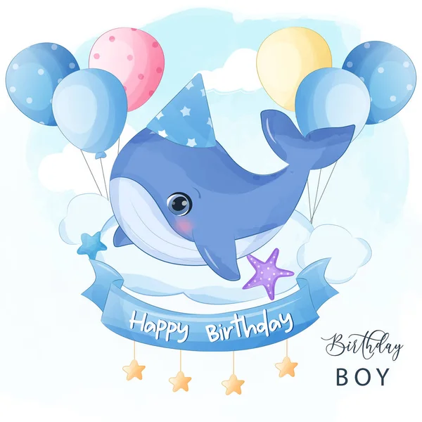 Birthday Boy Cute Little Whale Illustration — Vetor de Stock