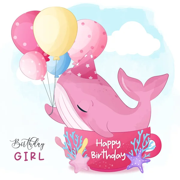 Birthday Girl Cute Little Whale Illustration — Vetor de Stock