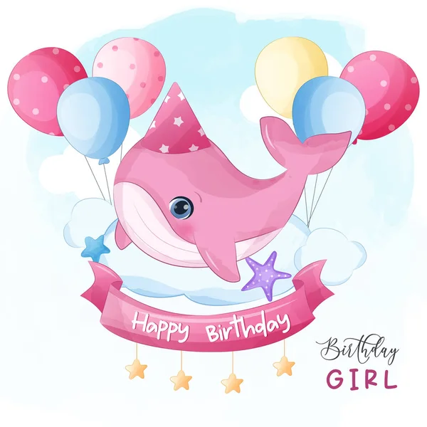 Birthday Girl Cute Little Whale Illustration — ストックベクタ