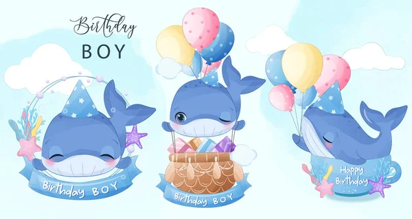 Birthday Boy Cute Little Whale Illustrations — Stockvector
