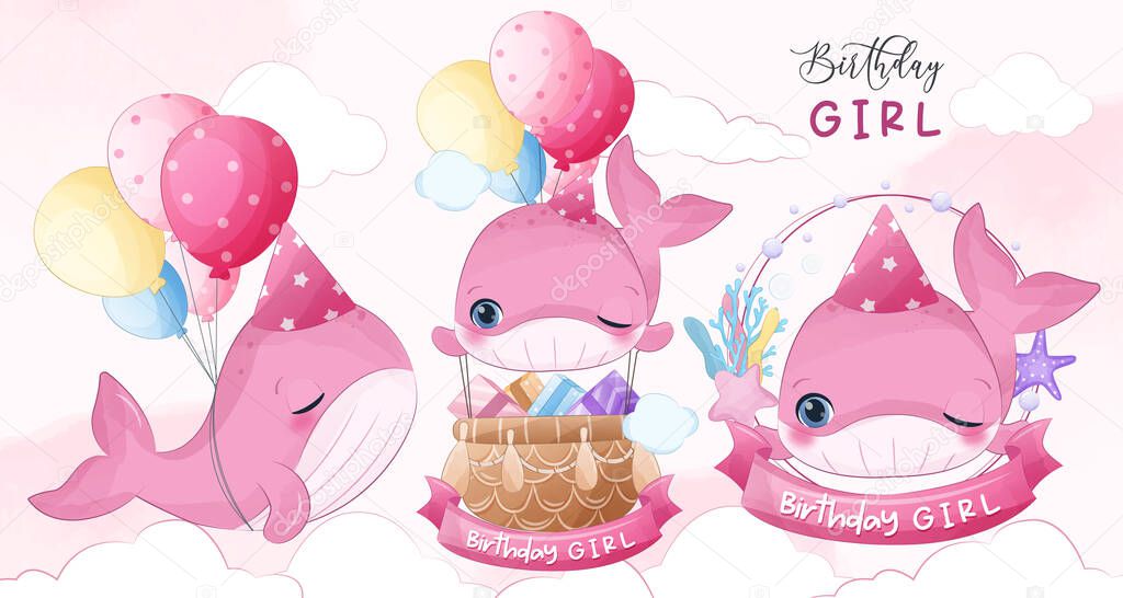 Birthday Girl, cute little whale Illustrations