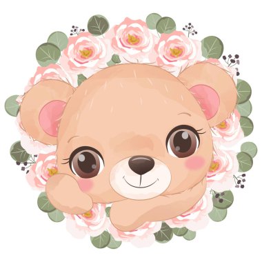 Cute baby bear with flowers