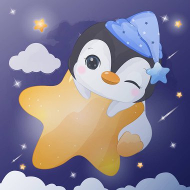 Starry Night Penguin in Watercolor Illustration