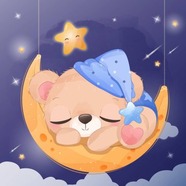 Starry Night Bear in Watercolor Illustration