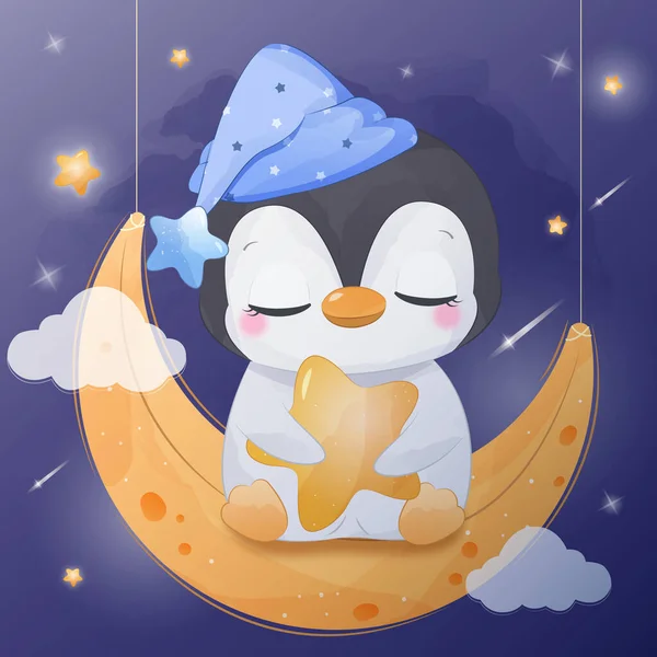 Starry Night Penguin Watercolor Illustration — Stock Vector