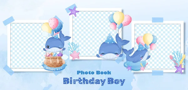 Cute Whale Birthday Baby Boy Photo Book — Διανυσματικό Αρχείο