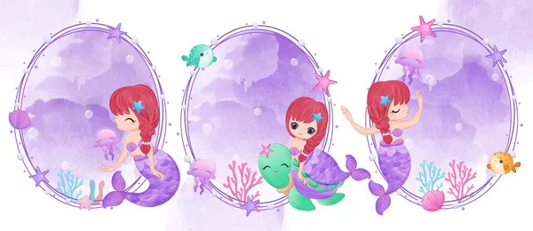 Cute Little Mermaid Watercolor Illustration — Stock Vector
