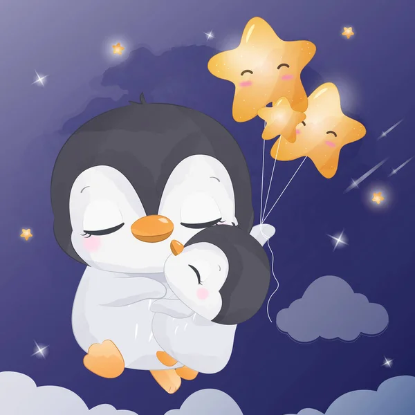 Starry Night Penguin Watercolor Illustration — Vector de stock