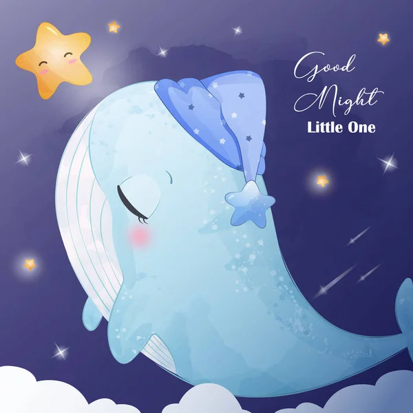 Starry Night Whale Watercolor Illustration — стоковый вектор