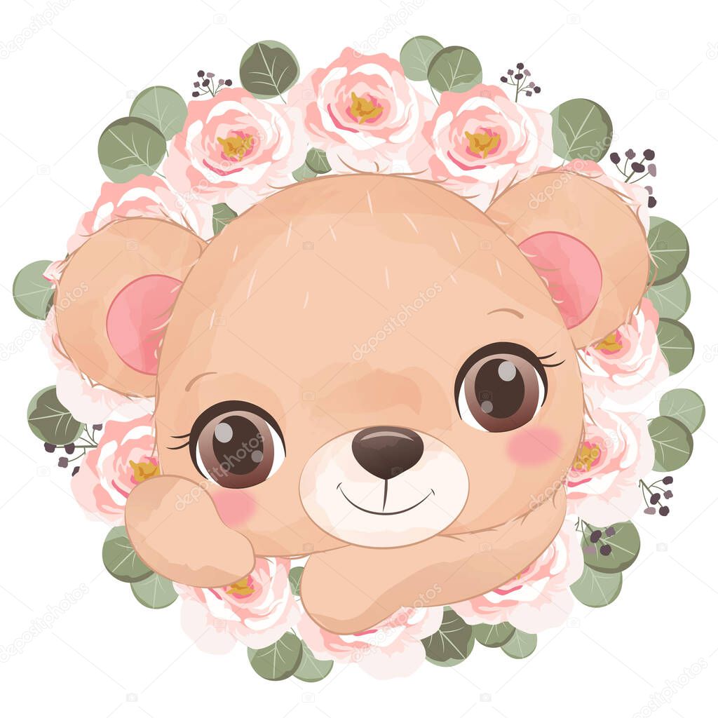 Cute baby bear with flowers