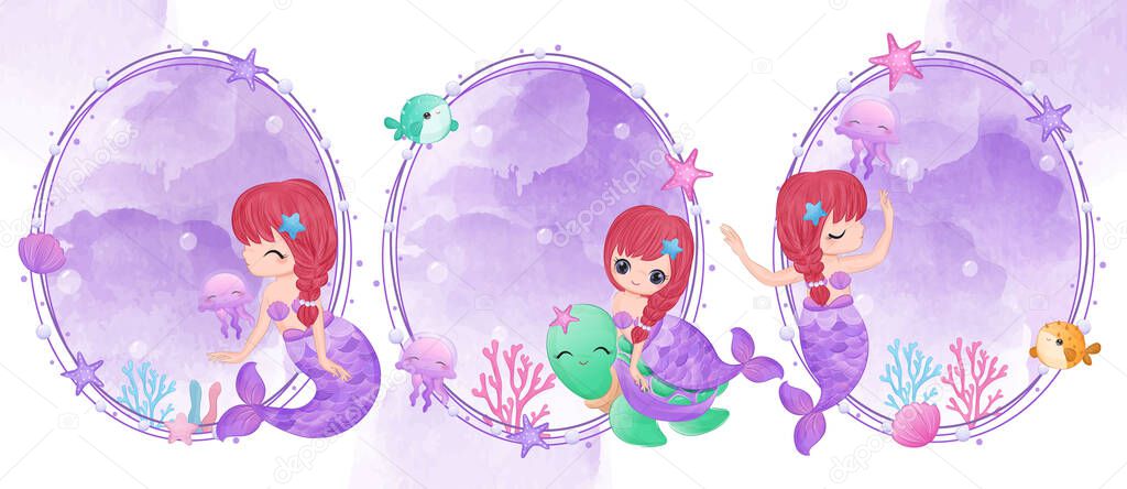 Cute little mermaid in watercolor illustration