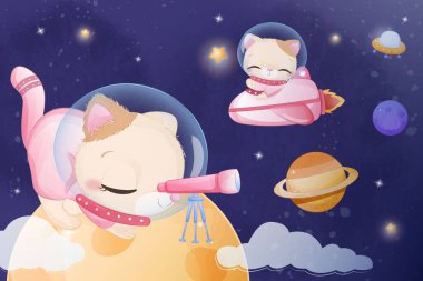 Space Kitten in Watercolor Illustration