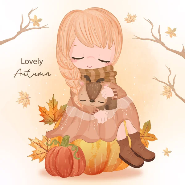 Autumn Series Little Girl Illustration — Vetor de Stock