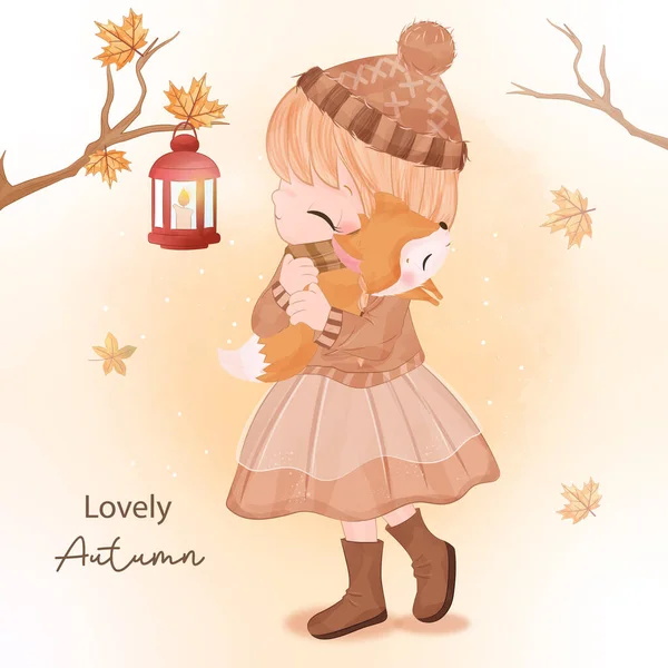 Autumn Series Little Girl Illustration — стоковый вектор