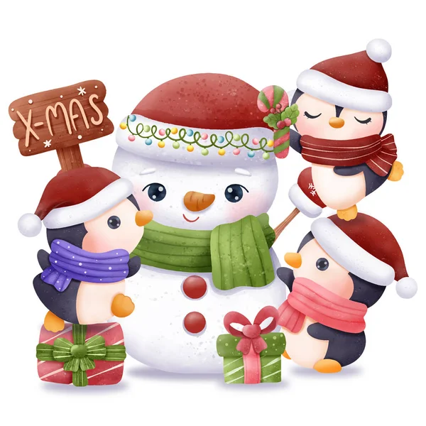 Karácsonyi Sorozat Aranyos Hóember Pingvinek — Stock Vector