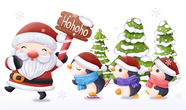 Illustrazione Natale Santa Con Pinguini — Vettoriale Stock