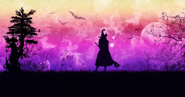 五彩斑斓的天空和月亮 美丽而明亮的蝙蝠和巫婆的风景 迷人的夜晚 戴着一顶带着扫帚的帽子的女性轮廓 神秘的云彩和树木背景 — 图库照片