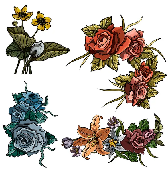 一组图形隔离的植物 叶子和花瓣 从花朵中提取的花朵 玫瑰和装饰品的图案 一个没有背景的美丽的自然元素 — 图库照片#