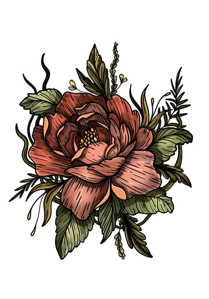 Велика Намальована Квітка Великими Листям Пелюстками Красива Квітуча Півонія Крупним — стокове фото