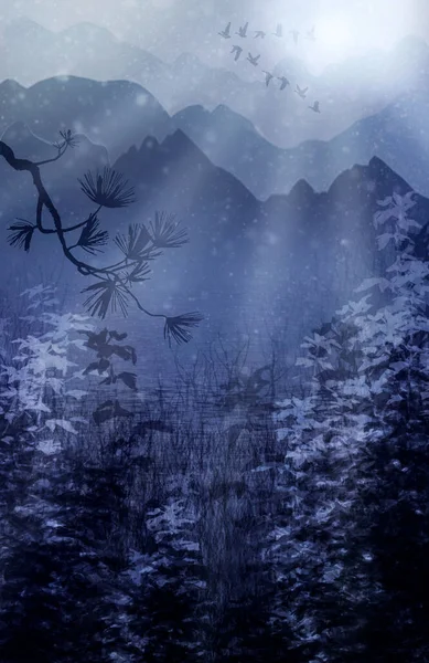 神奇的环境 白雪飘扬的冬夜风景 月光明亮的深雾森林 灌木丛和干草的童话般神秘的大自然 — 图库照片#