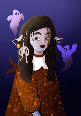 Mavi derili, sarı gözlü çizgi film karakteri, sivri kulaklı, uzun saçlı peri masalı kızı, beyaz yakalı, üzerinde hayaletler olan altın rengi bir elbise ve yüzünde bir şerit olan kız..