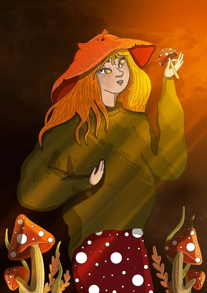 Cartoon girl in a orange fox hat and a polka dot skirt on the dark background with sun rays, kind character close-up with long red hair and big eyes in a sweater with mushroom in a hand.