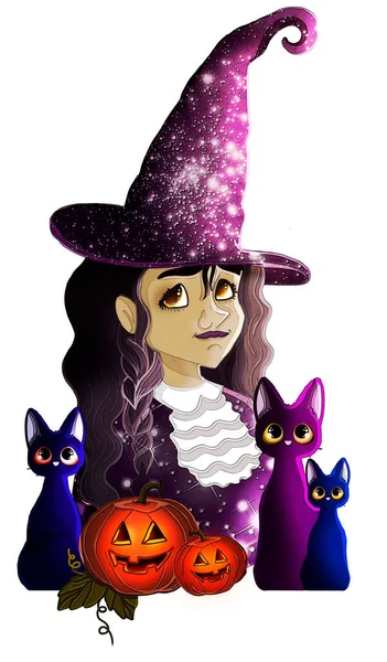 Cartoon Portrait Cute Witch Big Hat Pretty Face Girl Long — Stock Photo, Image