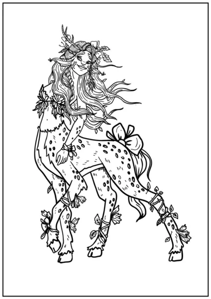童话中孤立无援的人物 腿和蹄都长得很结实 一头长发和辫子的卡通人物 一个长着树叶 角和蝴蝶结的可爱的梦幻森林生物 — 图库矢量图片