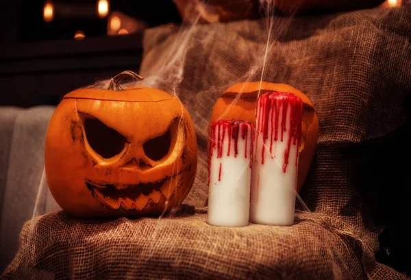 Pompoen Jack Pompoenen Met Enge Gesneden Gezichten Bloederige Kaarsen Halloween — Stockfoto