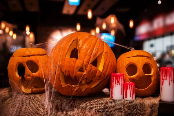 Jack Zucca Zucche Con Facce Intagliate Spaventose Candele Insanguinate Halloween — Foto Stock