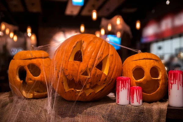 Jack Zucca Zucche Con Facce Intagliate Spaventose Candele Insanguinate Halloween — Foto Stock