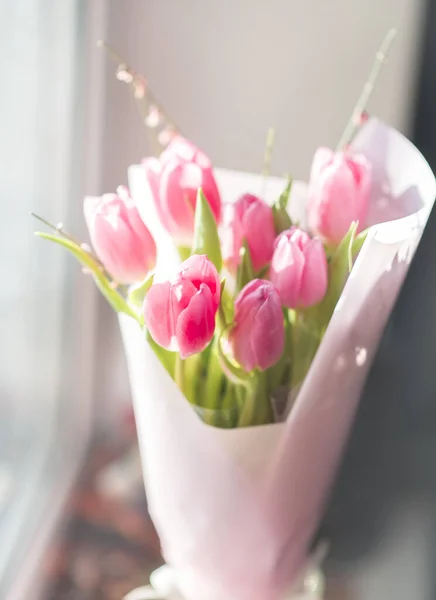 Beau Bouquet Tulipes Roses Concentration Sélective Printemps Nature Morte — Photo