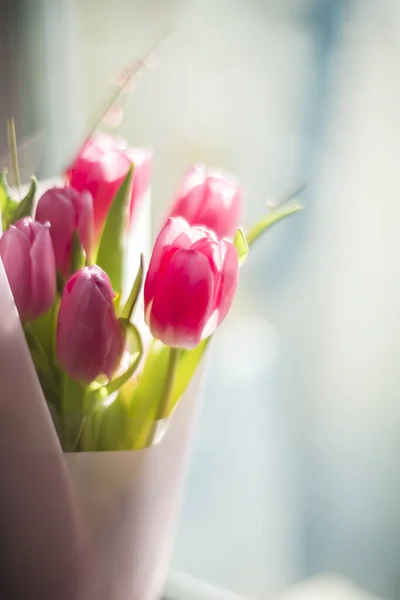 Beau Bouquet Tulipes Roses Concentration Sélective Printemps Nature Morte — Photo