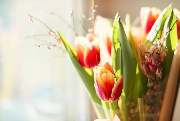 Beau Bouquet Tulipes Roses Concentration Sélective Printemps Nature Morte — Photo