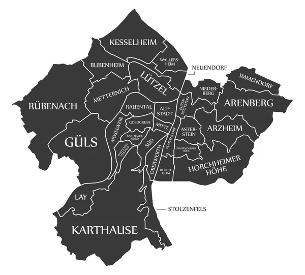 Koblenz Stadskaart Duitsland Gelabeld Zwarte Illustratie — Stockvector