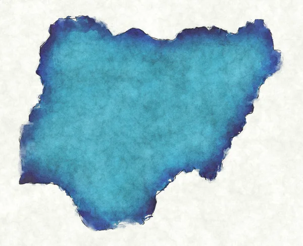 描かれた線と青の水彩画のナイジェリア地図 — ストック写真
