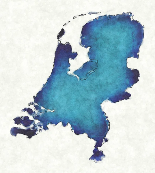 Holanda Mapa Com Linhas Desenhadas Ilustração Aquarela Azul — Fotografia de Stock