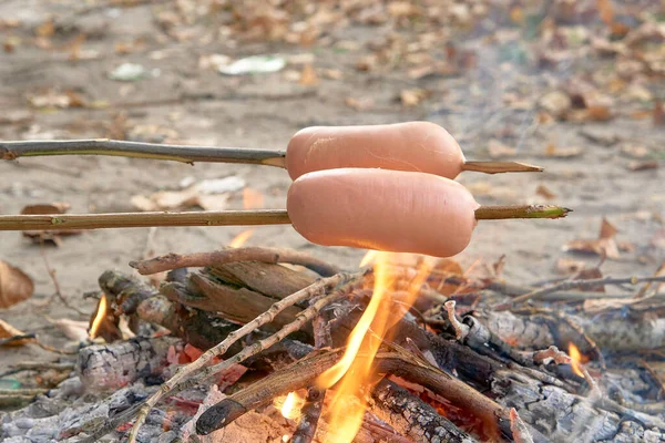 Sausages are fried on a fire on the wood — Stock Photo, Image