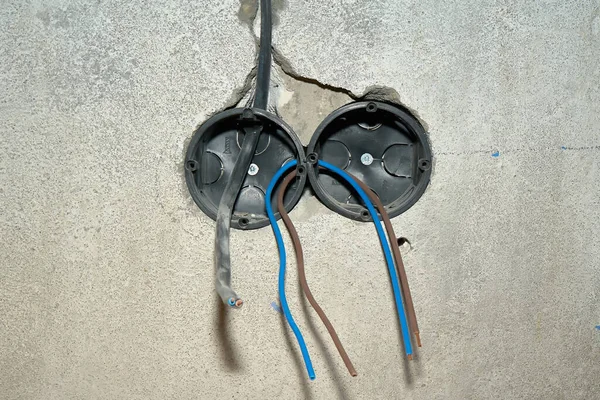 Duas Caixas Junção Para Tomadas Elétricas Internas Pré Conectadas Parede — Fotografia de Stock