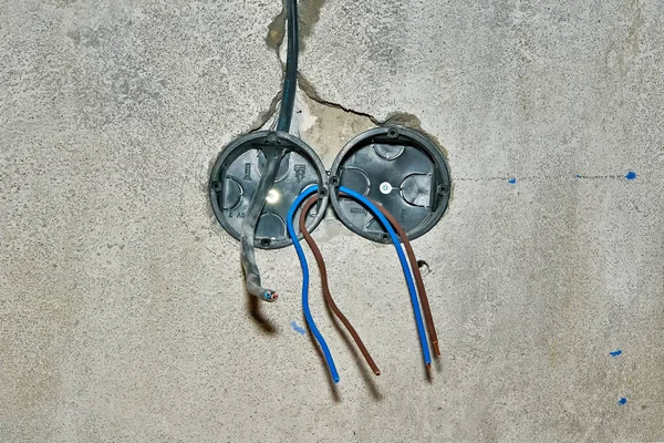 Duas Caixas Junção Para Tomadas Elétricas Internas Pré Conectadas Parede — Fotografia de Stock