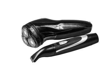 Cordless electric razor and beard and mustache trimmer on white background, black and white image.